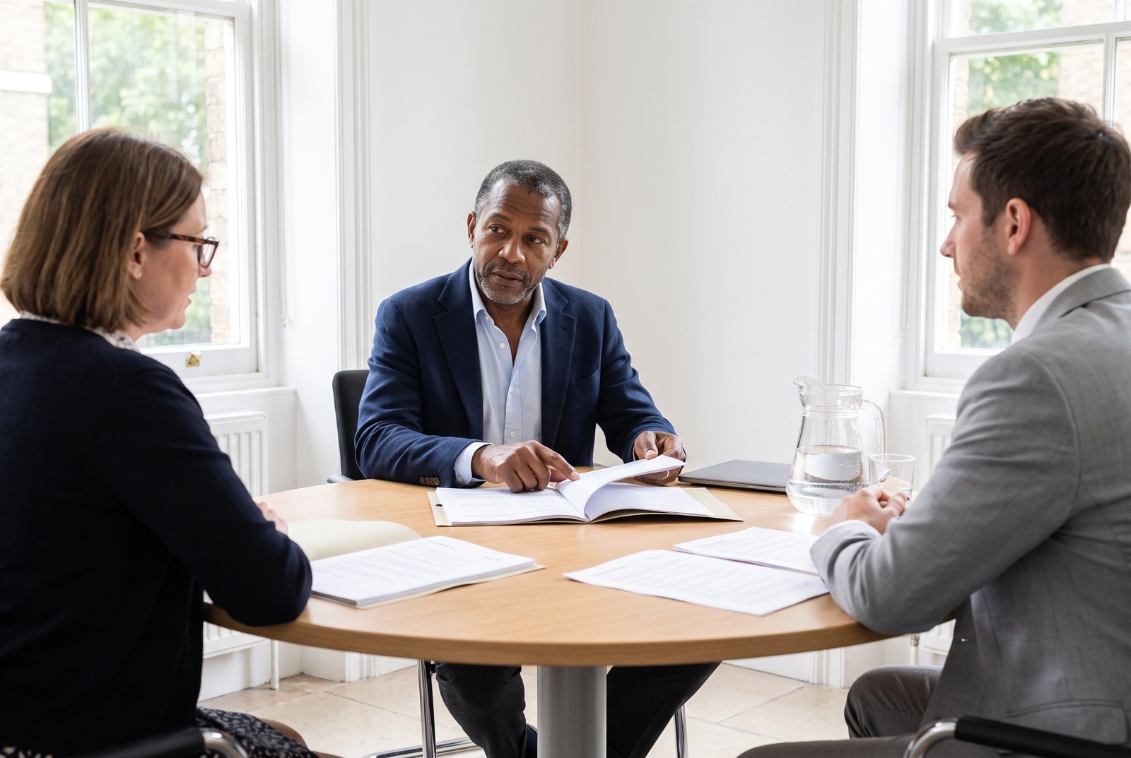 Ashbel and two advisers working through documents at a meeting table.