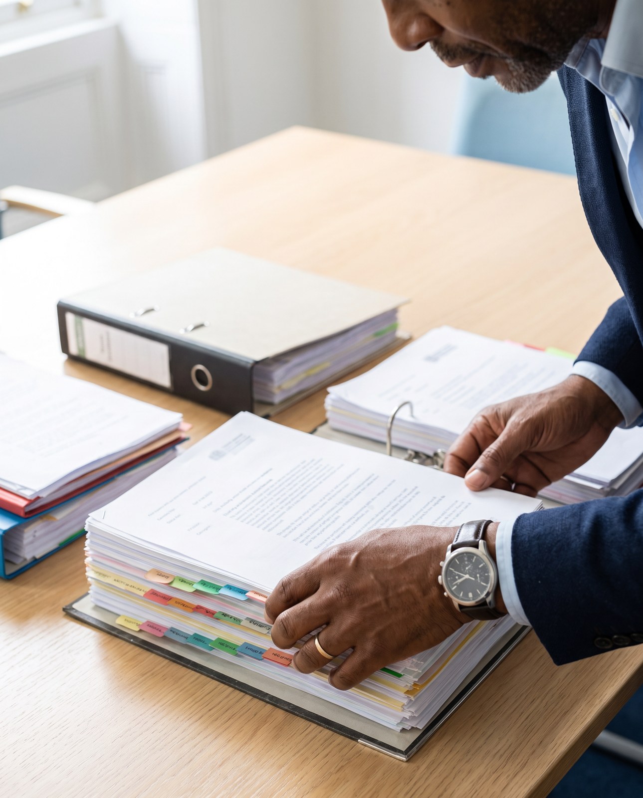 Hands tabbing through a thick evidence file with coloured dividers.