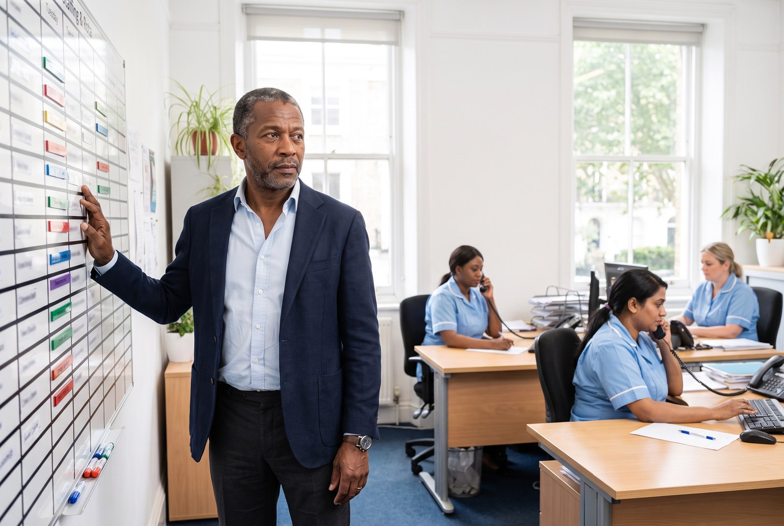 Ashbel at the rota board in a busy care office while coordinators take calls.