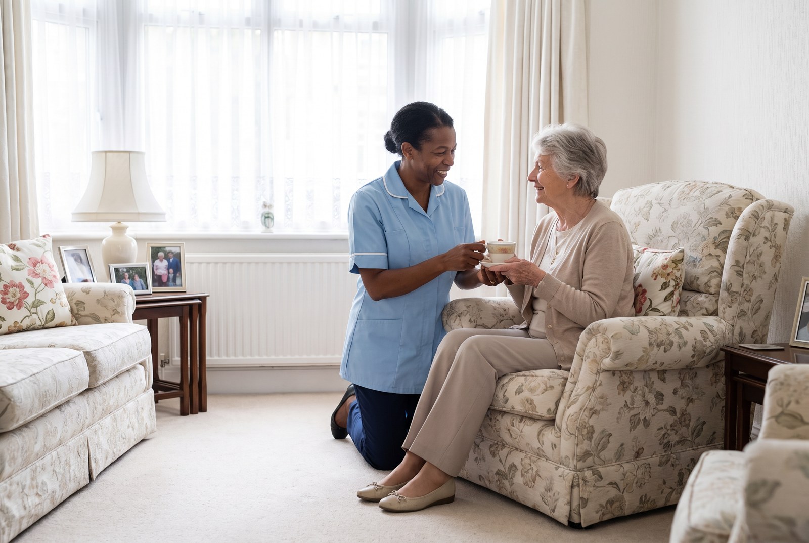 A care worker kneeling beside an older woman in her armchair at home.