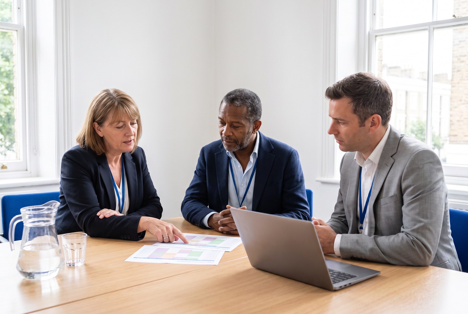 Ashbel meeting two local authority commissioners at a table.