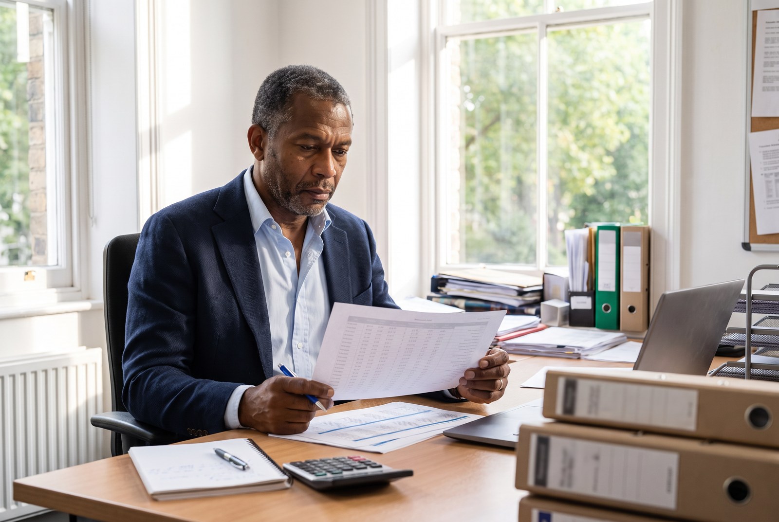 Ashbel reviewing financial papers and a calculator at his desk.